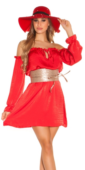 mini dress Carmen neckline satin look Red
